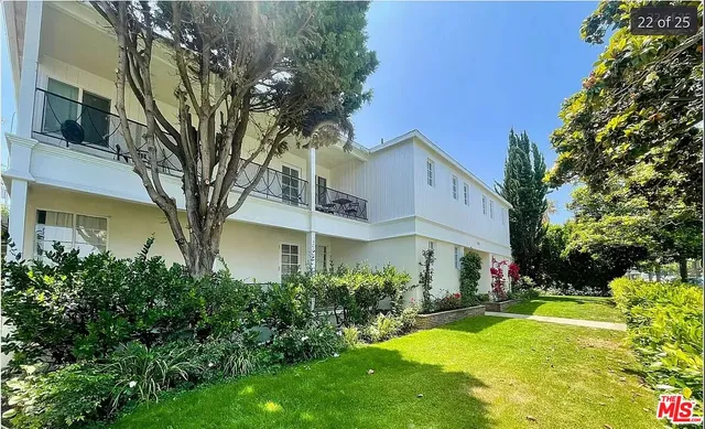 a view of a white house with a large tree and plants