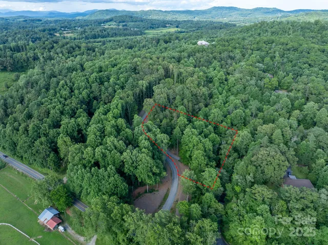 an aerial view of residential house with outdoor space and trees all around