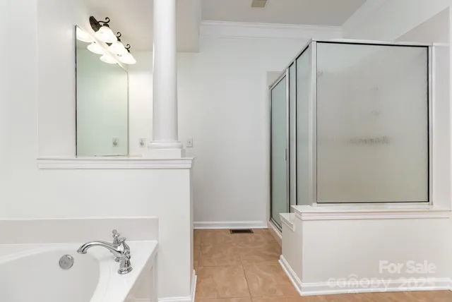 a bathroom with a bathtub and a shower