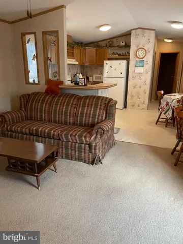 a living room with a couch and a dresser with rug
