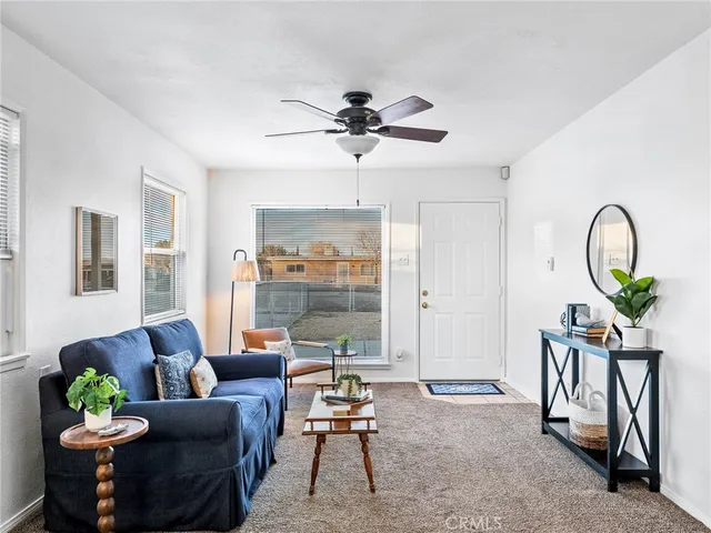 a living room with furniture and a potted plant