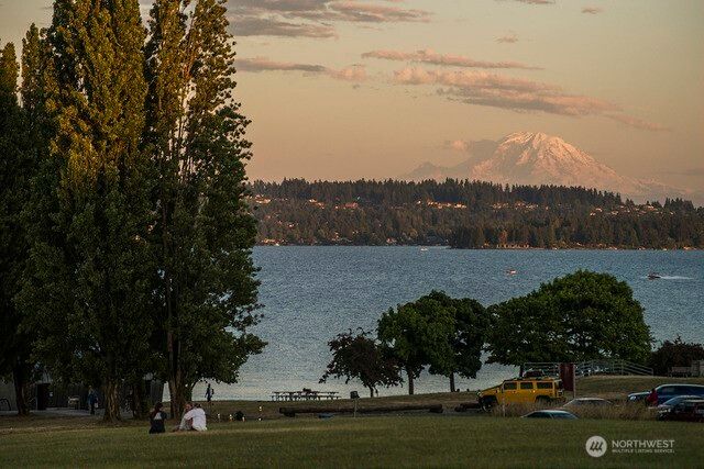 a view of a lake with houses in the back