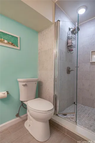 a bathroom with a toilet and a shower
