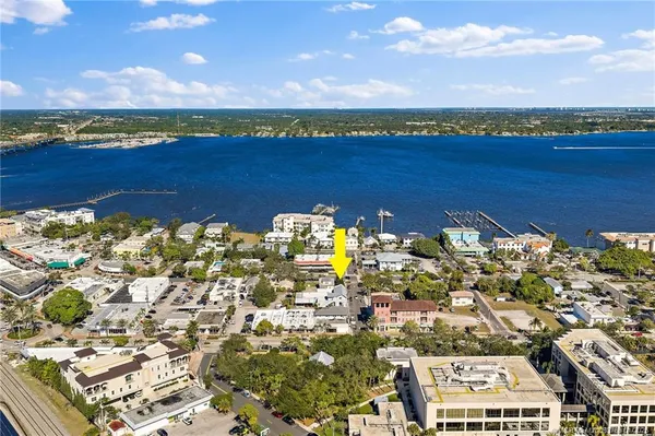 a view of a lake with a city