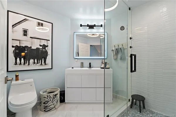 a bathroom with a shower and a sink