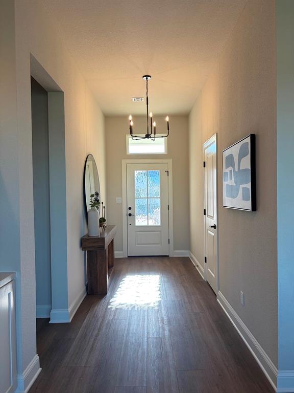 10401 T T Bury Lane Waco, TX 76708 - Photo 2 of 16 Foyer featuring a chandelier and dark wood-style floors