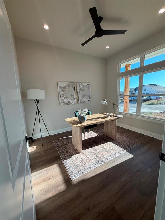 10401 T T Bury Lane Waco, TX 76708 - Photo 8 of 16 Office area with dark wood finished floors, a ceiling fan, and recessed lighting