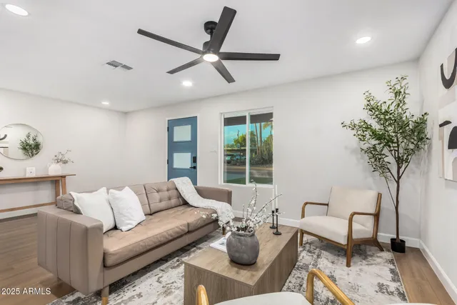 a living room with furniture and a potted plant