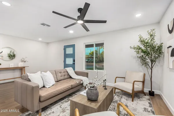 a living room with furniture and a potted plant