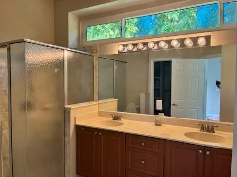 a bathroom with a sink mirror and a shower