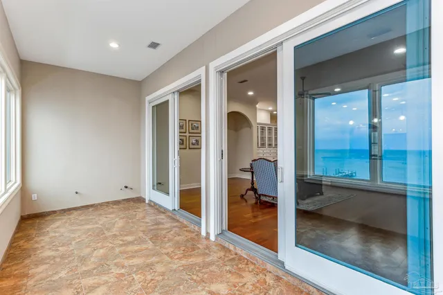 a view of a lake with a garden