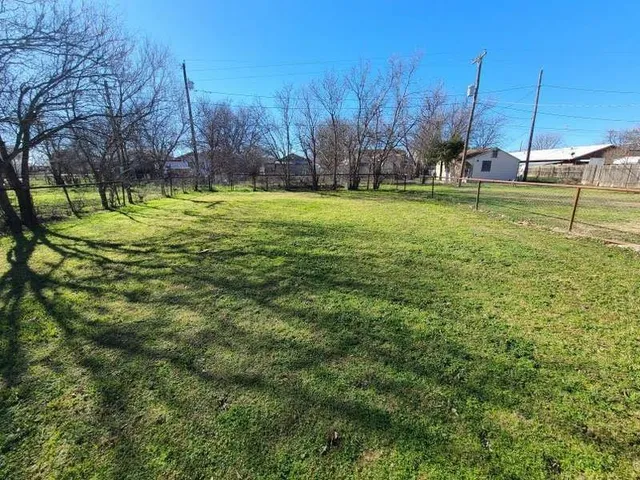 a view of a park with large trees
