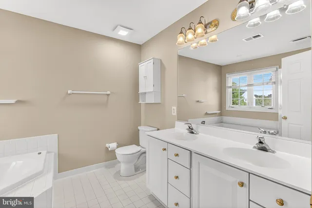 a bathroom with a double vanity sink mirror and toilet