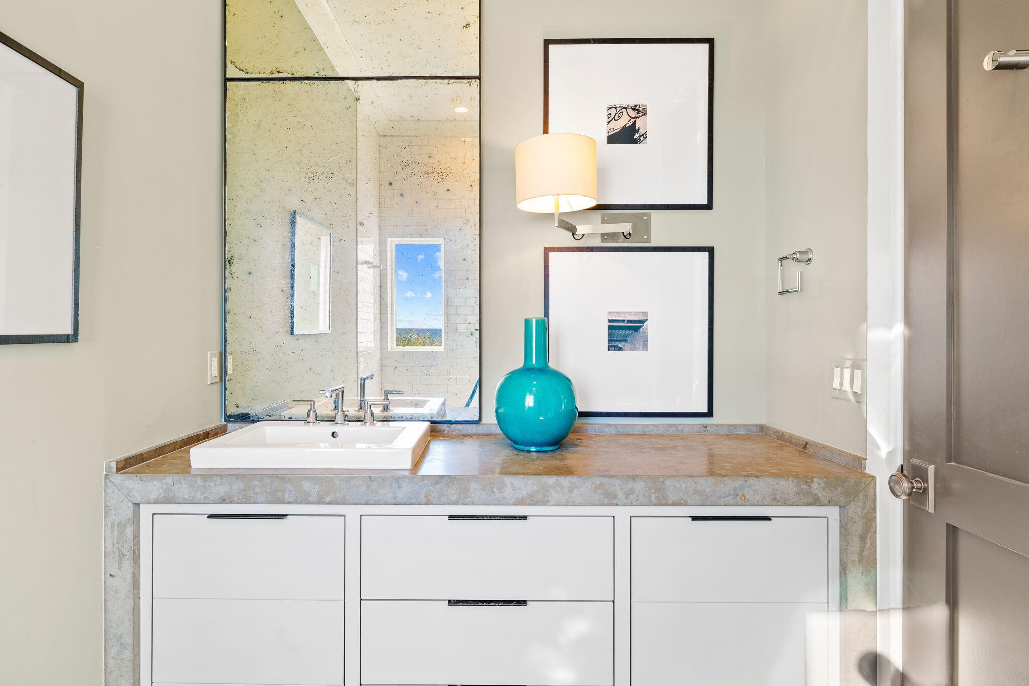 376 Beachfront Trail Santa Rosa Beach, FL 32459 - Photo 30 of 62 a bathroom with a granite countertop sink a mirror and shower