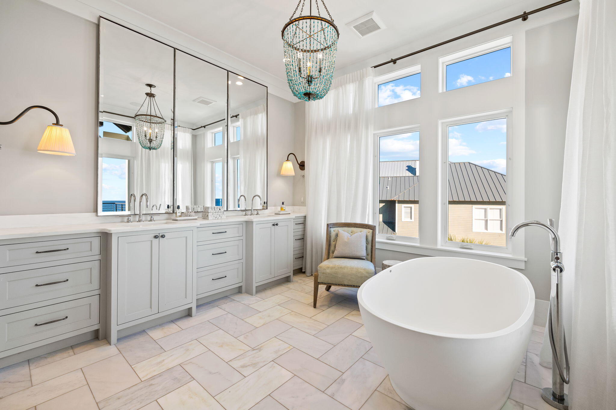376 Beachfront Trail Santa Rosa Beach, FL 32459 - Photo 35 of 62 a bathroom with a granite countertop sink mirror and a bathtub