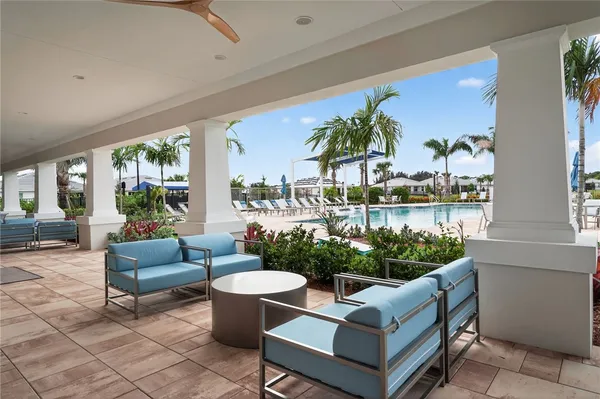 a view of a swimming pool with outdoor seating