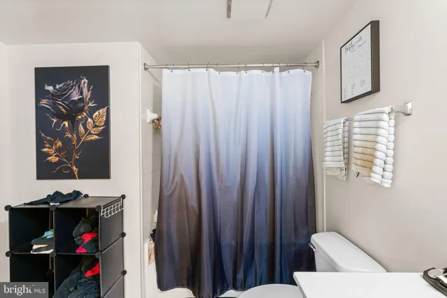 a bathroom with a toilet and a shower curtain