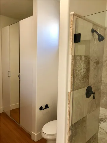 a bathroom with a shower and a toilet