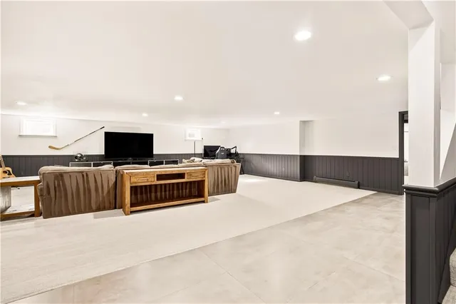 a large white building with kitchen view