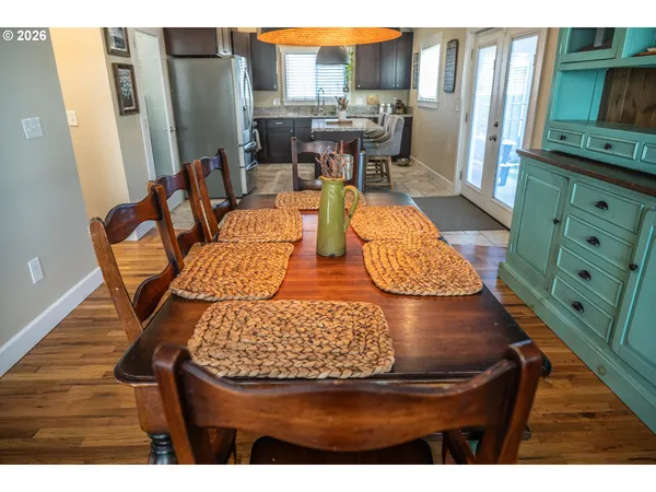 a view of a dining room with furniture