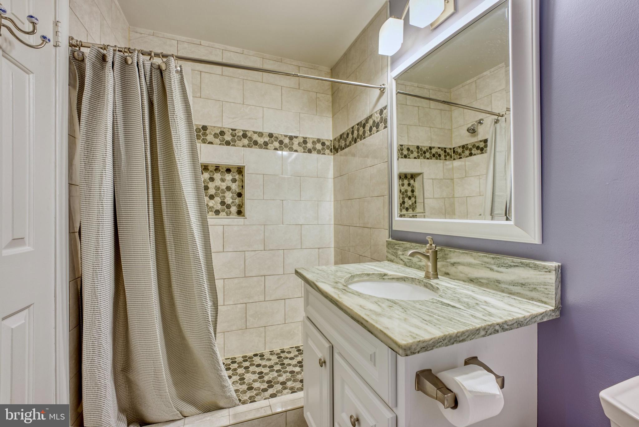 2041 Lyttonsville Road Silver Spring, MD 20910 - Photo 17 of 42 a bathroom with a granite countertop sink a mirror and shower