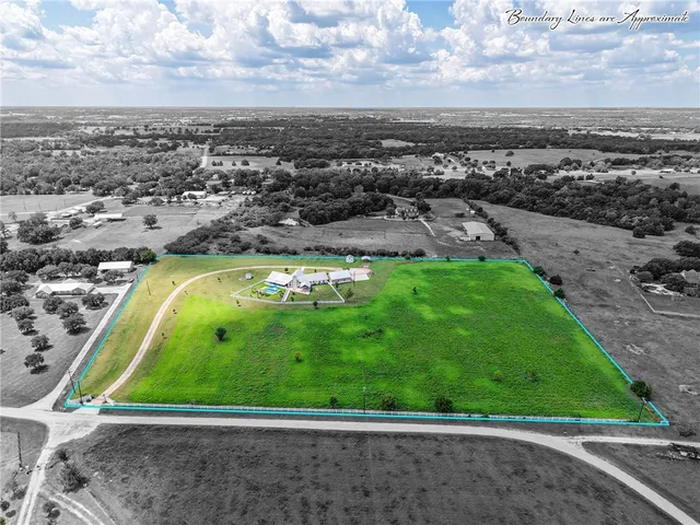 an aerial view of a pool