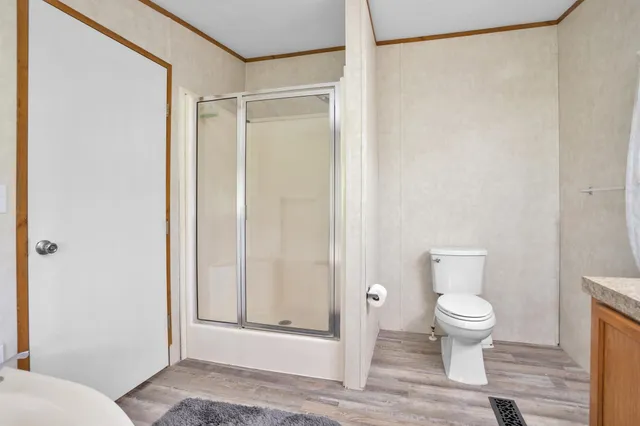 a bathroom with a shower and a toilet
