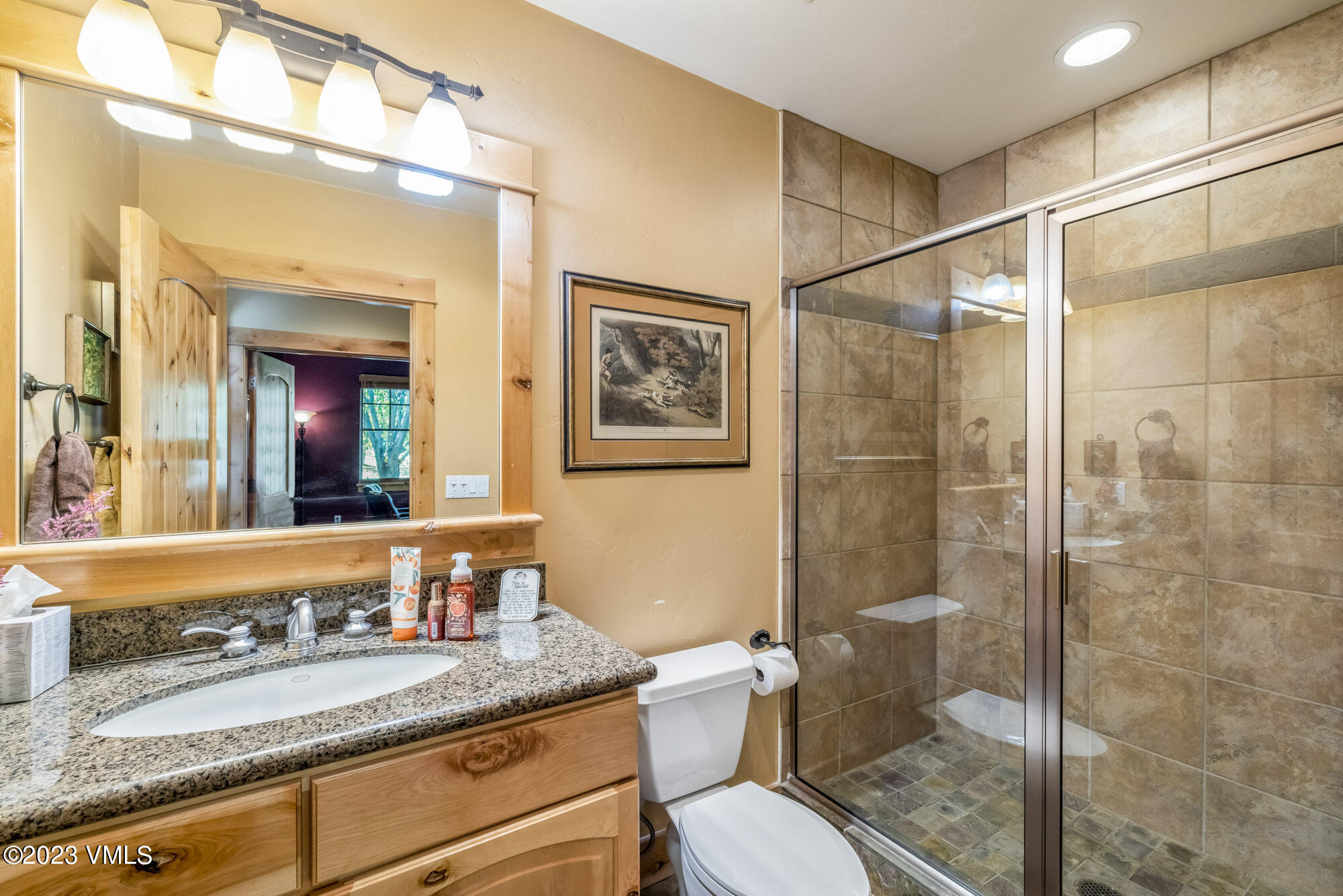 119 Sawmill Circle Eagle, CO 81631 - Photo 31 of 45 a bathroom with a granite countertop sink toilet a mirror and shower