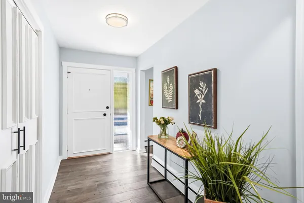 a view of a hallway with wooden floor and a potted plant
