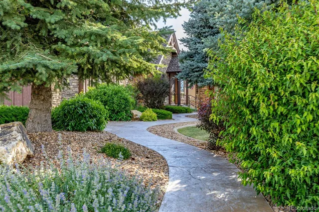 a view of a pathway with a garden