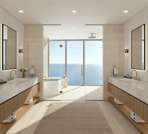 a bathroom with a tub a sink and a large mirror