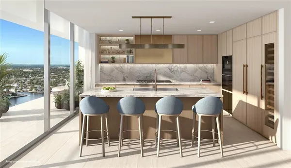 a kitchen with a dining table chairs and white appliances