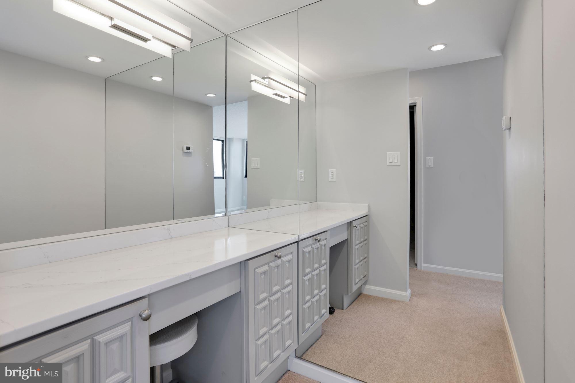 1101 South Arlington Ridge Road, Unit 902 Arlington, VA 22202 - Photo 22 of 38 a bathroom with a sink a vanity a large mirror and a shower