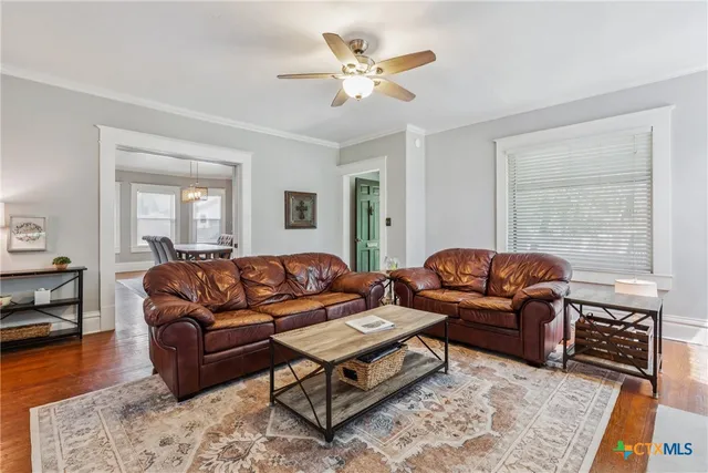 a living room with furniture ceiling fan and a rug