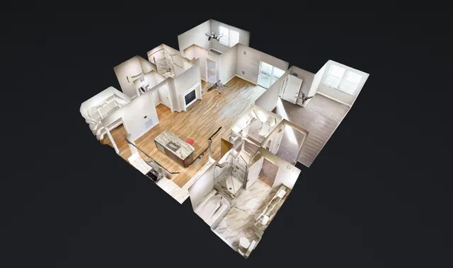 a kitchen with center island a sink appliances and wooden floor