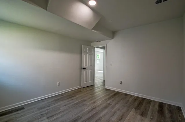 a view of a yard with plants and trees