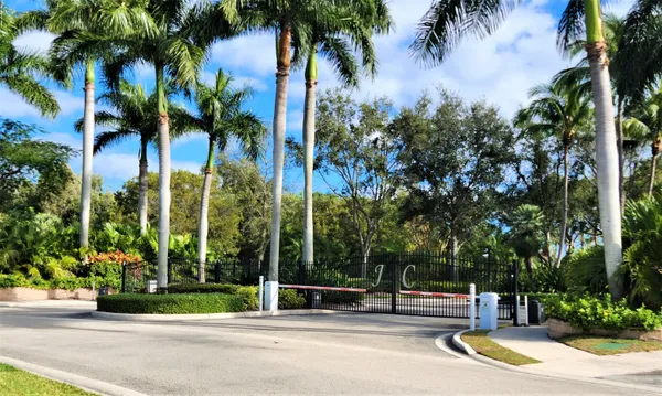 a view of a park with palm trees