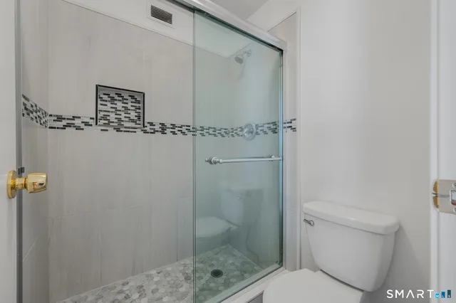 a bathroom with a shower and a toilet