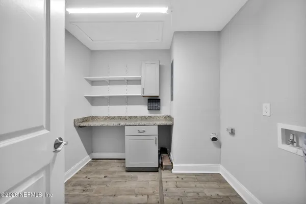a room with a stove and a sink
