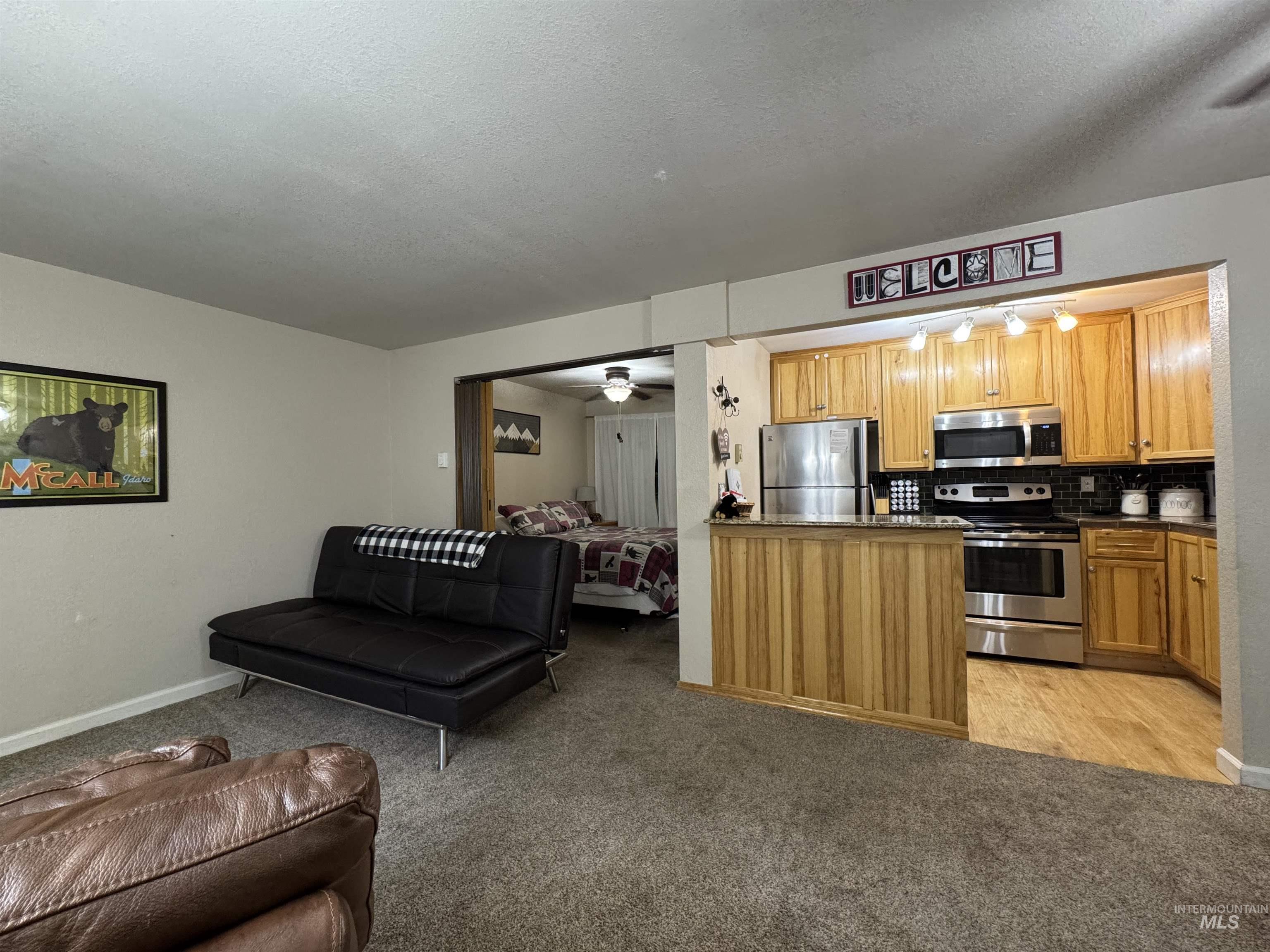 304 McBride Street, Unit 107 107 McCall, ID 83638 - Photo 28 of 28 Living room featuring a ceiling fan, light carpet, and open floor plan.