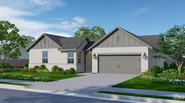a front view of house with a yard and garage