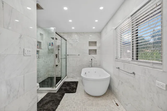 a bathroom with a bathtub and a toilet