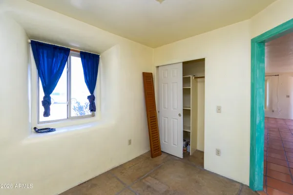 a view of a small space with a window