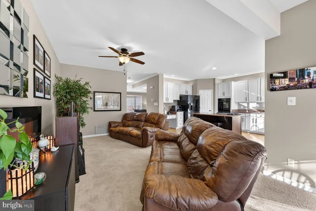 a living room with furniture ceiling fan and a rug