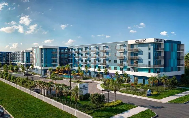 a city view with tall buildings