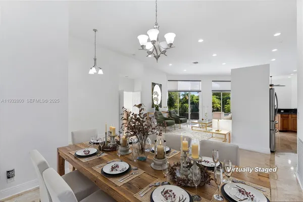 a view of a dining room and furniture