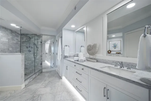 a bathroom with a granite countertop sink mirror and double
