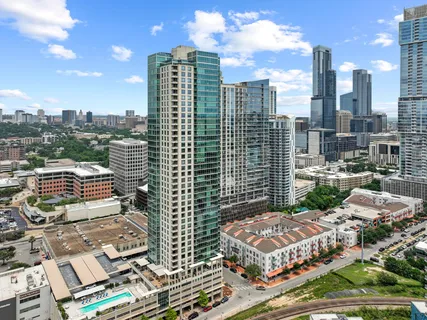 a city view with tall buildings