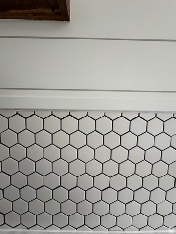 608 South 500 West, Unit 3 Provo, UT 84601 - Photo 15 of 35 White hexagonal tile backsplash under shiplap wall paneling