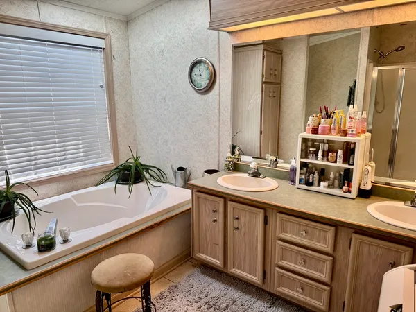 a bathroom with a tub sink and mirror